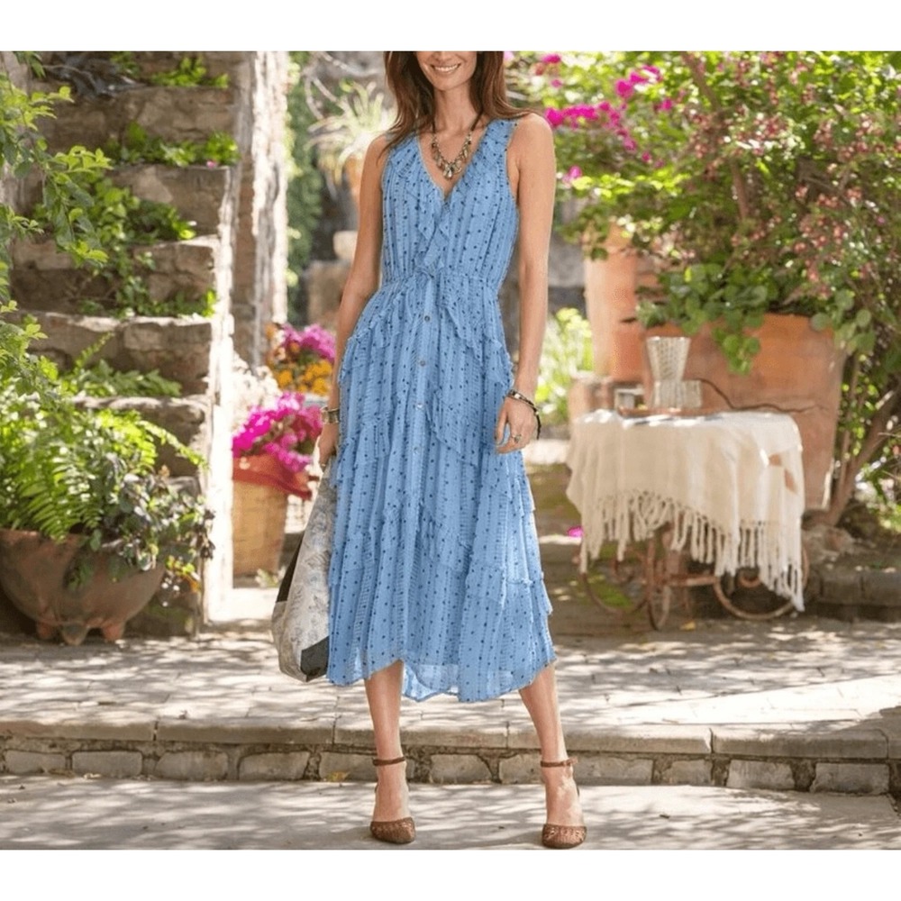 Sundance Belle Courant Ruffle Tiered Midi Dress Light Blue Polka Dot Petite M